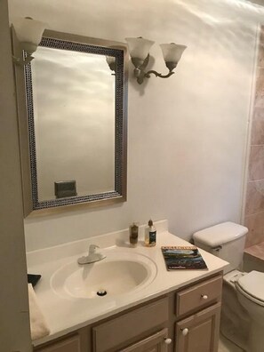 Bañera con ducha, bañera de hidromasaje, secador de pelo, toallas