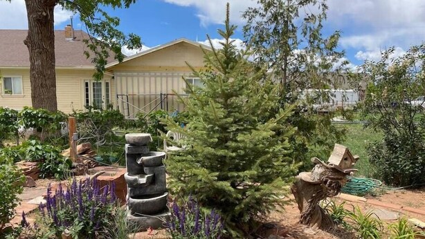 A garden with a stone water feature, a small tree, and various plants. - #6 Home in the Heart of Utah (Torrey)
