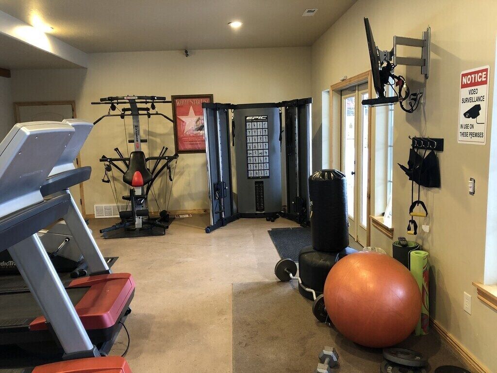A gym with treadmills, weight machines, a punching bag, and a large exercise ball.