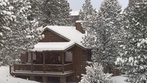 Una cabaña de madera con porche cubierto, rodeada de árboles nevados.