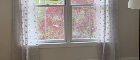 A room with a large window, white curtains, and a wooden floor.