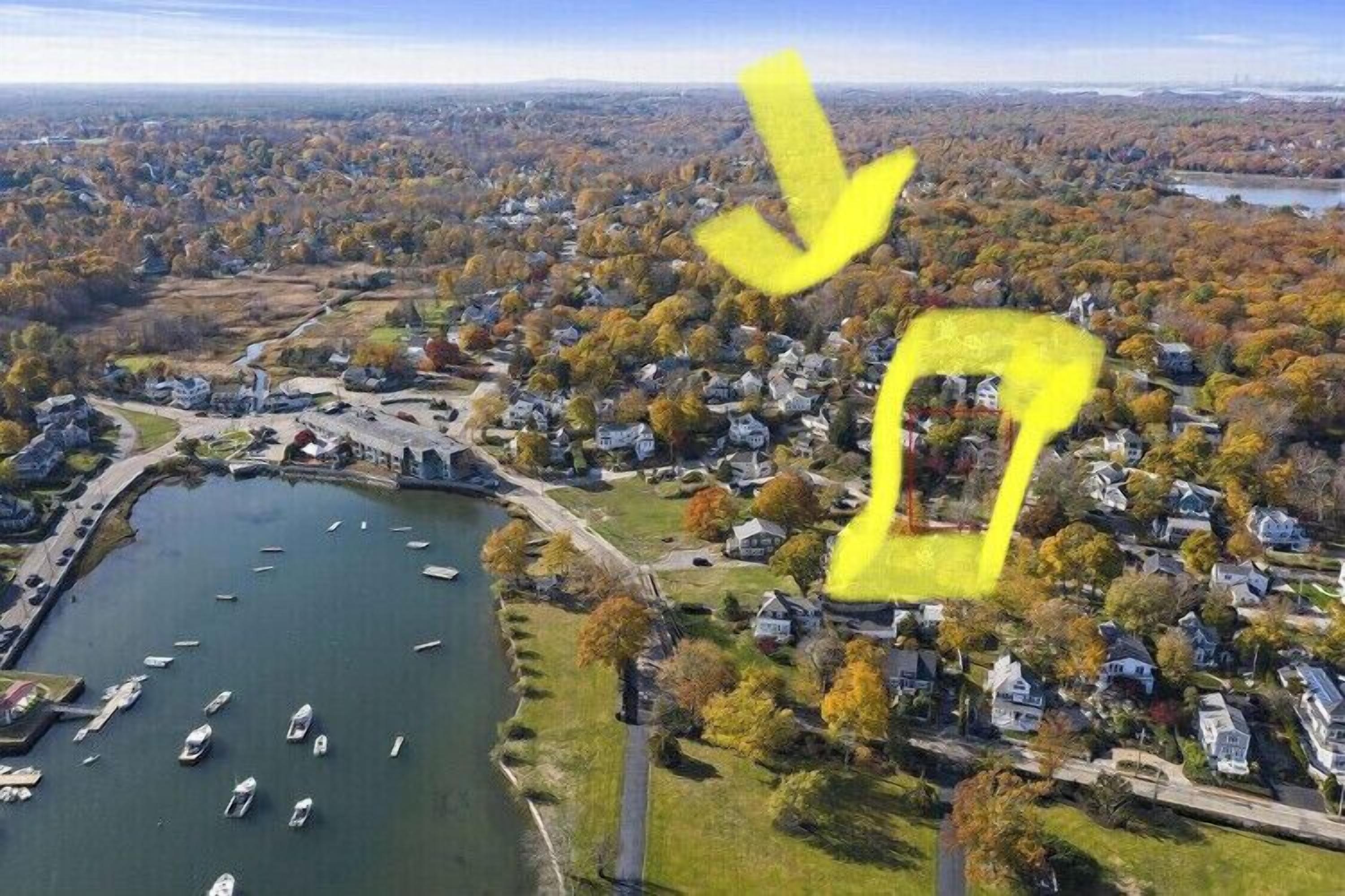An aerial view of a residential area with houses, a lake, and boats.