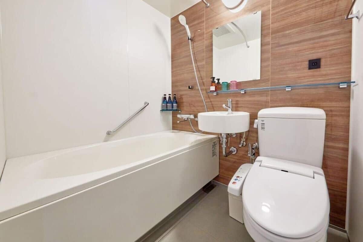 combined shower/bathtub, free toiletries, hair dryer, slippers