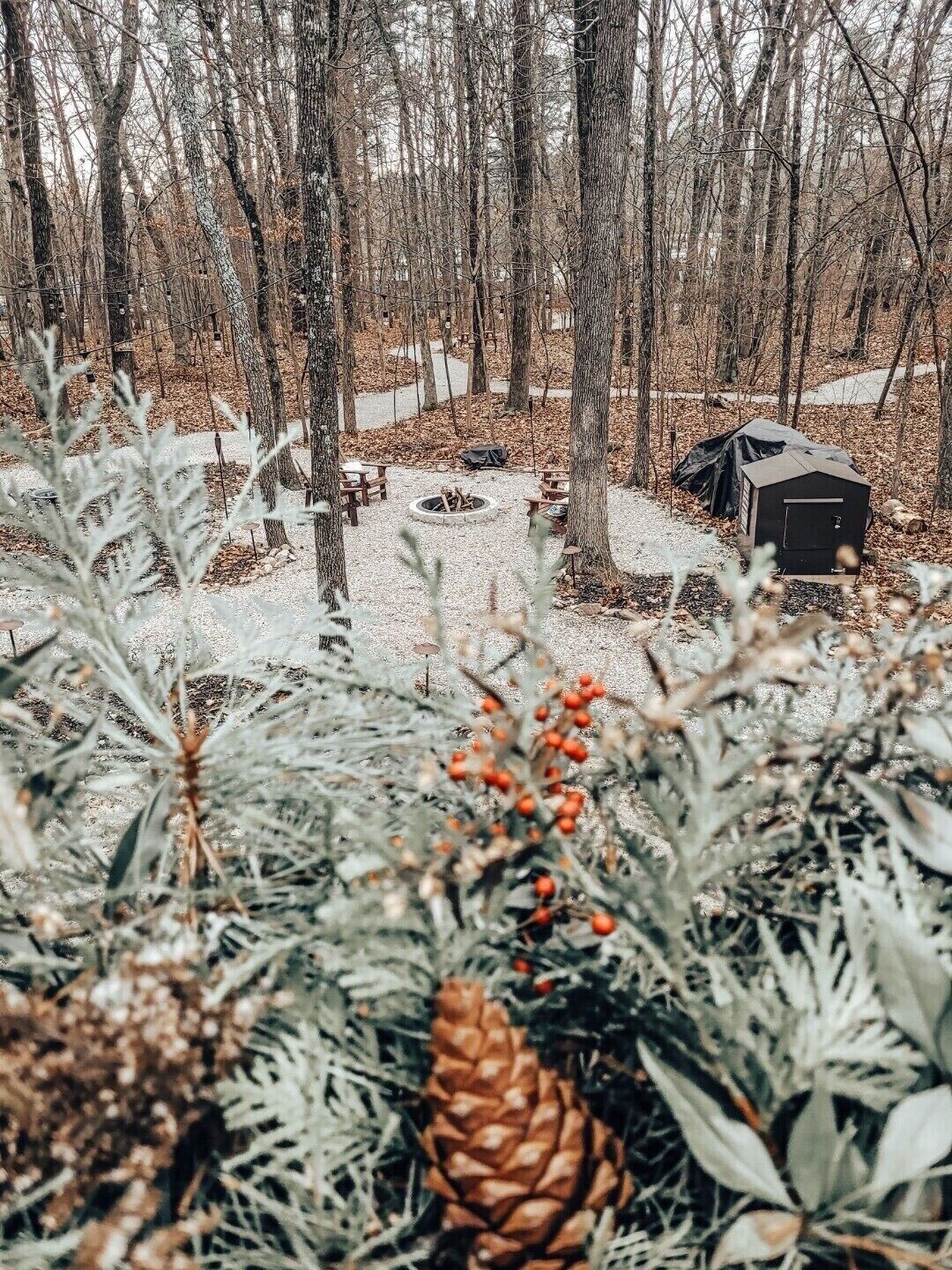 A forested campsite with a fire pit, picnic tables, and a covered storage shed.