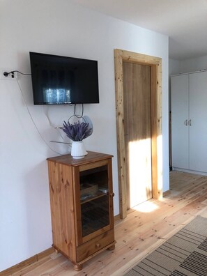 Comfortable room with a flat-screen TV, a vase with a plant, and a wardrobe.