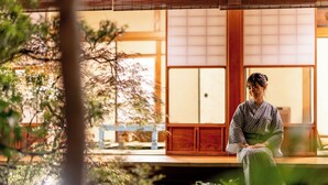 Ein traditioneller japanischer Raum mit Tatami-Böden, Schiebetüren und Blick auf einen Garten.