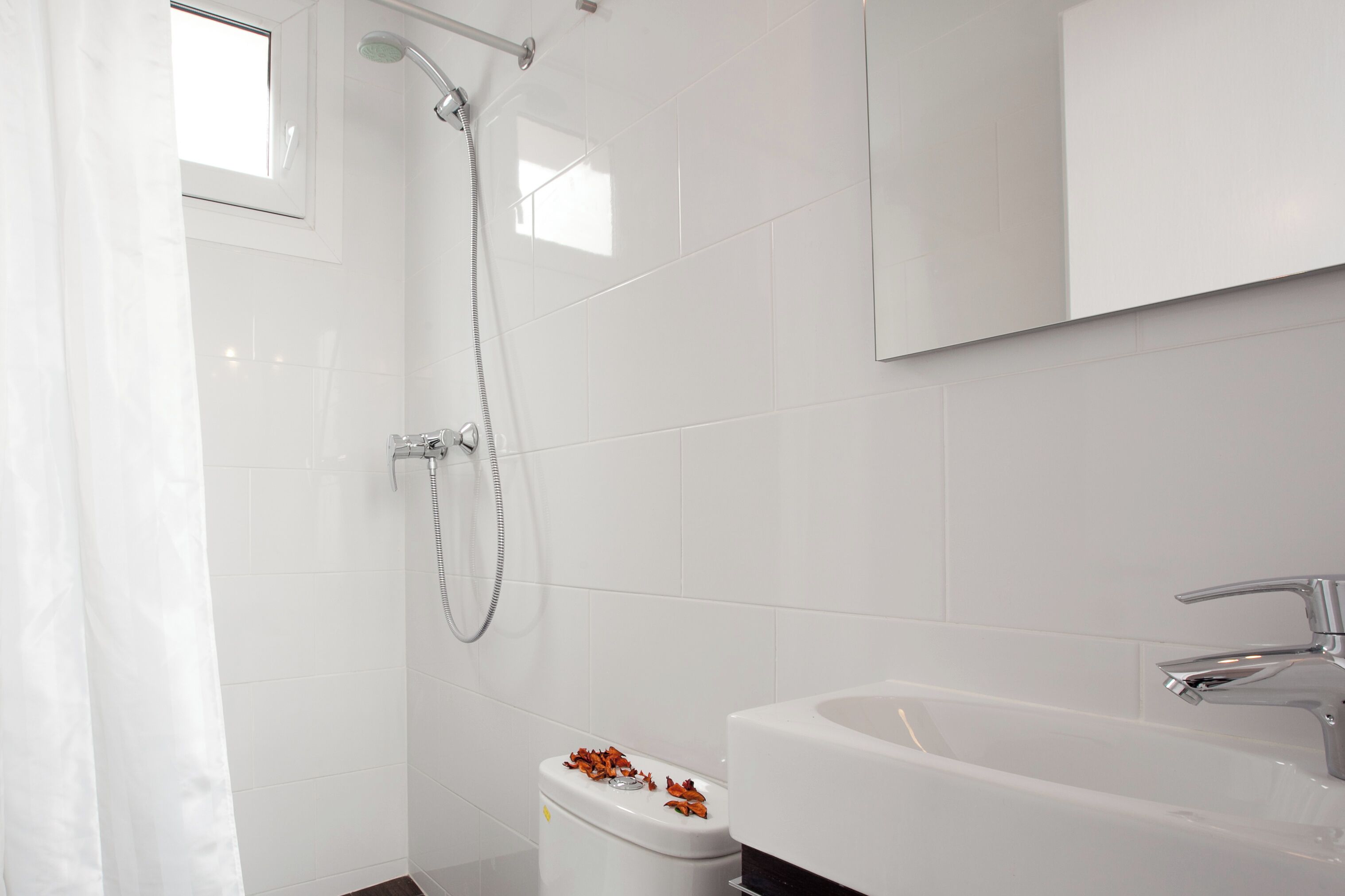 A bathroom with a shower, toilet, and bathtub.