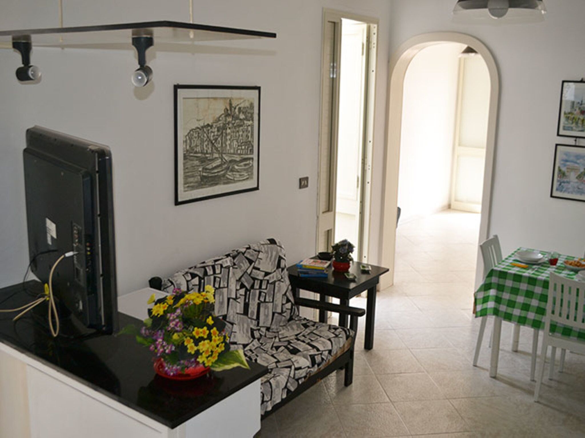 A living room with a black and white patterned sofa, a small table with a vase of flowers, a black TV, and a dining area with a green and white checkered tablecloth.