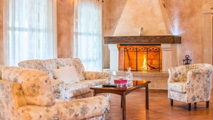 A cozy living room with a fireplace, floral-patterned sofas, and a coffee table. - Luxury 4-BR Villa with Pool, Ensuite Sauna, and Stunning Sea & Forest Views (Višnjan)
