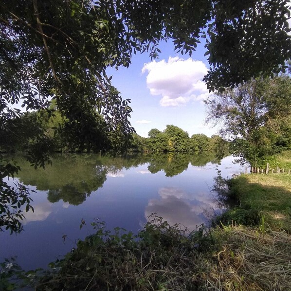 A calm river with dense foliage on both sides, reflecting the sky and clouds. - Charming house for 8 · Nature · Peace & quiet · La Flèche Zoo · Loir Valley 🌿🏡 (Bazouges Cré sur Loir)