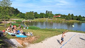 Ein Strand am See mit Menschen, die entspannen und Volleyball spielen, umgeben von viel Grün und Häusern.