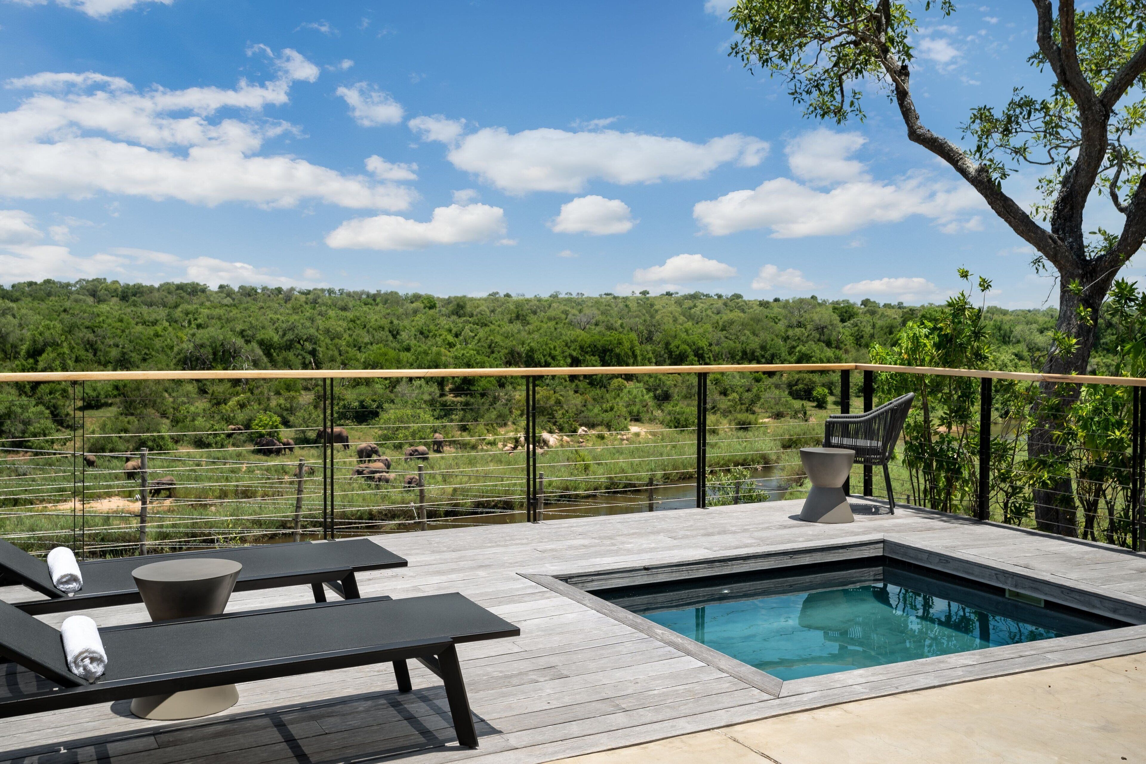 A rooftop pool area with lounge chairs and a small pool, surrounded by a fence and greenery.