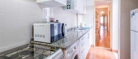 Frigorífico, microondas, horno y placa de cocina