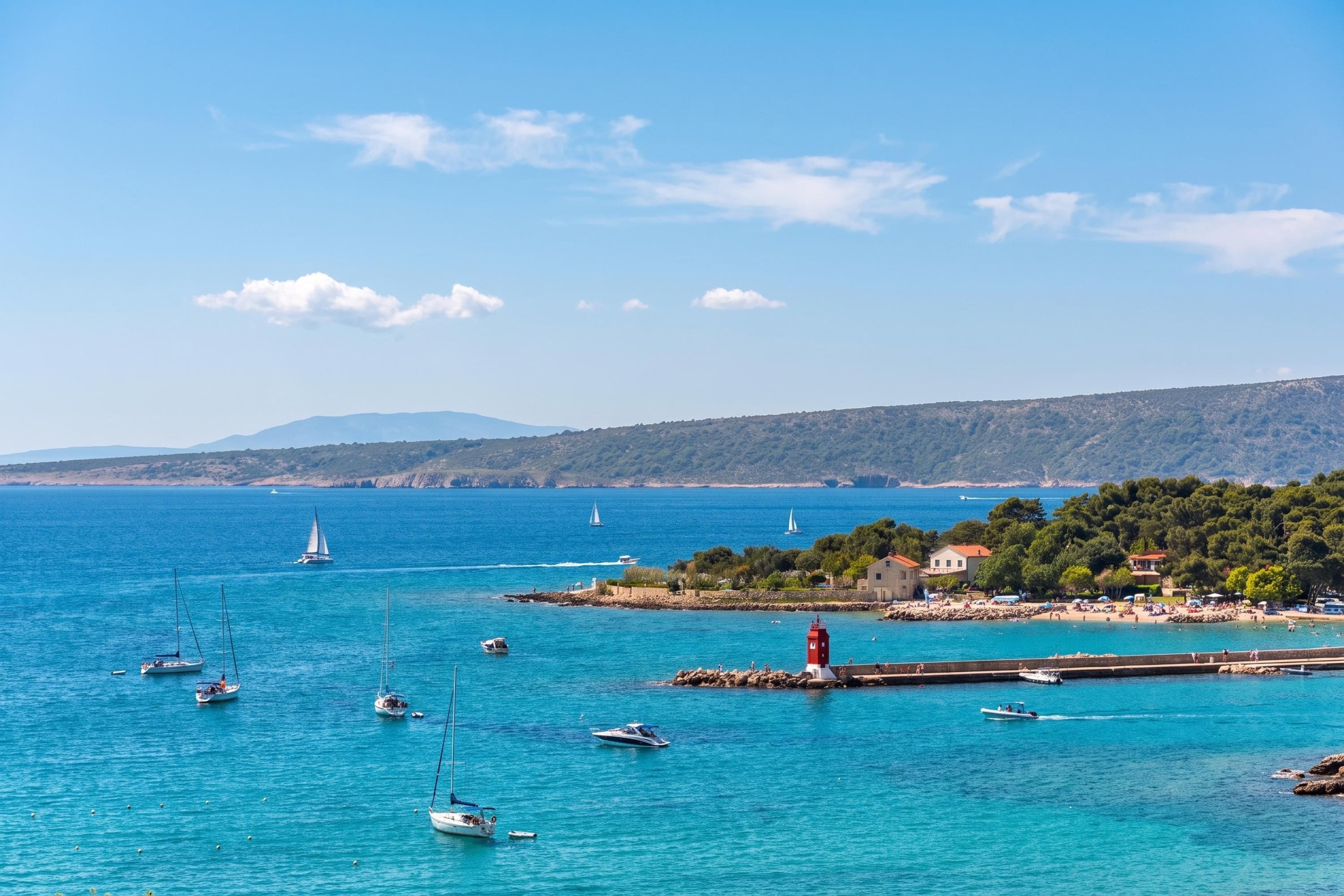 A coastal scene with boats on the water, a lighthouse, and a beach with people.