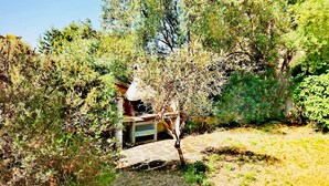 A rustic outdoor area with a stone bench, a small wooden structure, and dense shrubbery. - Quadrilocale Gallura (San Teodoro)