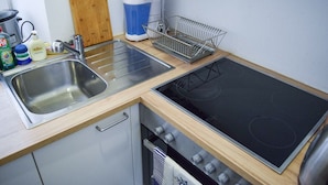 A kitchen with a sink, stove, and dish rack. - Modern apartment in Vienna near Danube (Vienna)