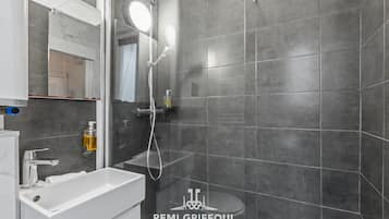 Shower, hair dryer, towels