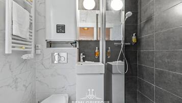 Shower, hair dryer, towels