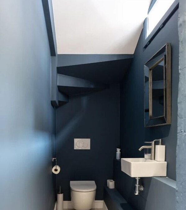Une petite salle de bain avec un mur bleu foncé, des toilettes blanches, un lavabo blanc et un miroir au-dessus du lavabo.