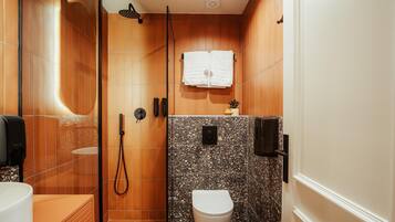 Un baño pequeño con ducha, inodoro y lavamanos.