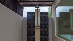 Une salle de bain moderne avec une douche à parois de verre, un pilier de couleur beige et une porte à motifs foncés.