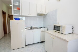 A compact kitchen with white cabinets, a refrigerator, a stove, a sink, and a microwave. - Apartments Iris (Rabac)