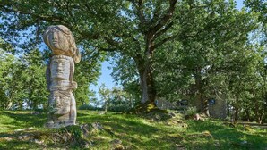A stone statue in a grassy area with trees and a building in the background. - Montelodoli Capanna, Gaiole in Chianti, Siena and Chianti (Gaiole in Chianti)