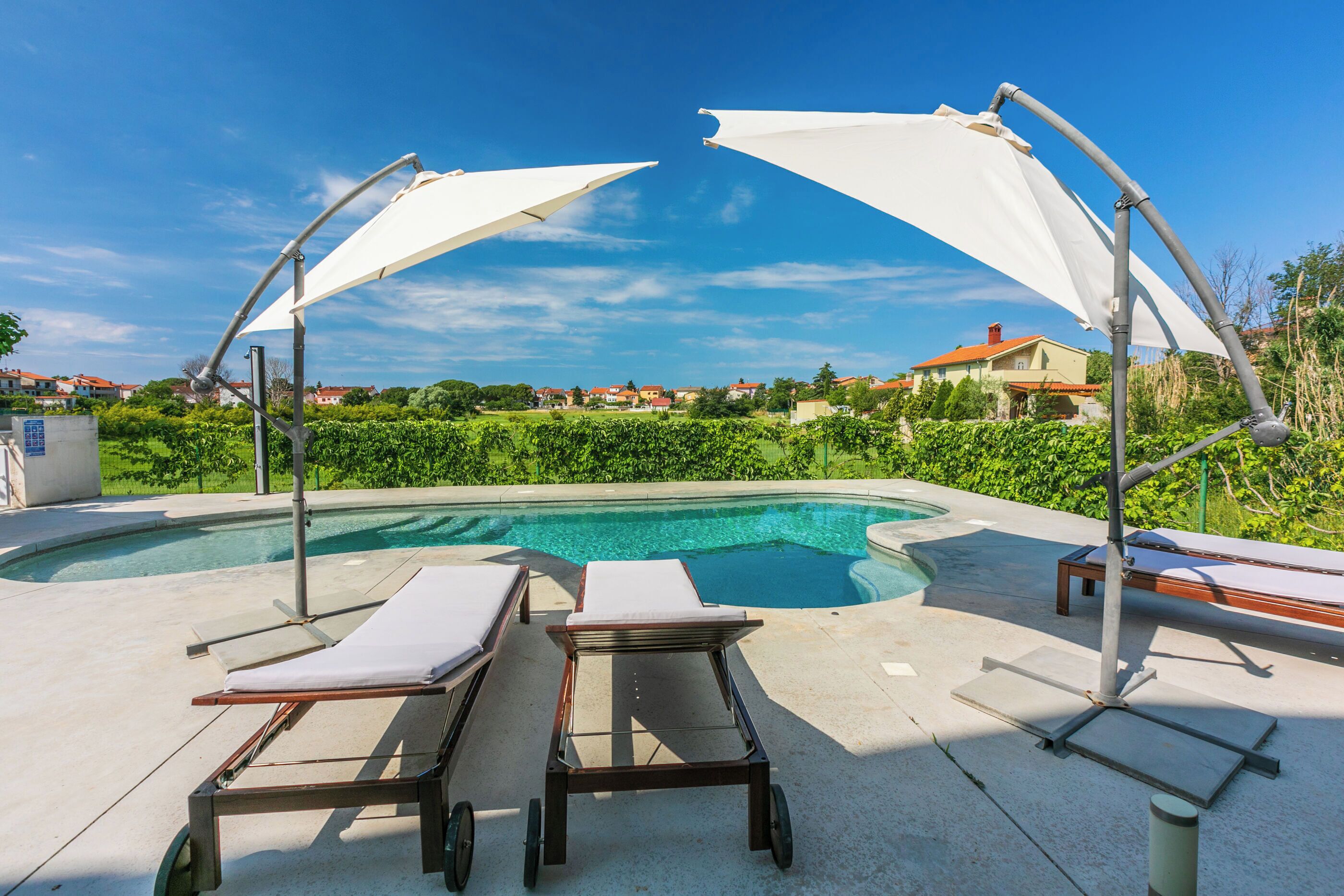 A swimming pool with lounge chairs and umbrellas, surrounded by greenery and houses in the background.
