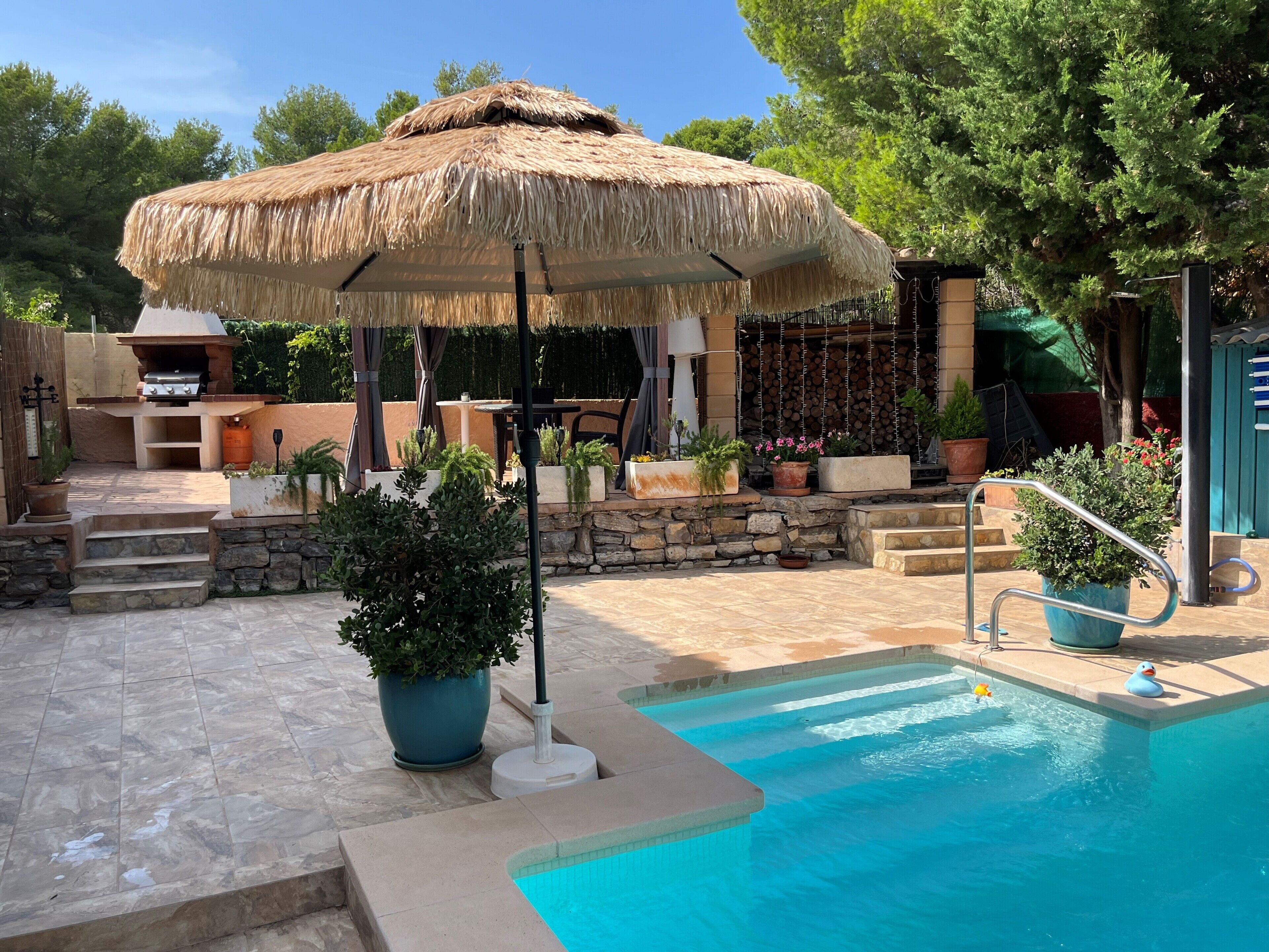 A swimming pool with a thatched umbrella, stone steps, and potted plants.