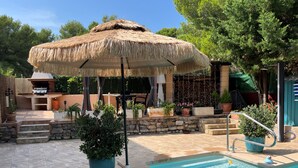 Une piscine agrémentée d’un parasol en chaume, d’escaliers en pierre et de plantes en pot.