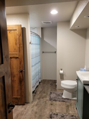 Combined shower/bathtub, hair dryer, towels, soap