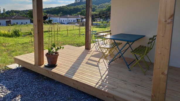 Une terrasse en bois avec une table et des chaises, un pot de fleurs et, en arrière-plan, une vue sur des maisons et de la verdure.