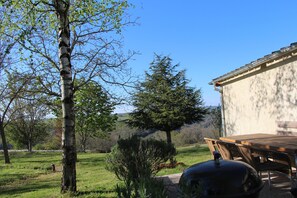 Une terrasse avec une table et des chaises en bois, entourée d’arbres et d’un champ d’herbe.