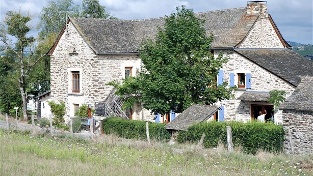 A stone house with a sloped roof, a large tree in front, and a small porch.