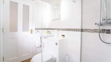 Douche, sèche-cheveux, serviettes fournies, shampoing