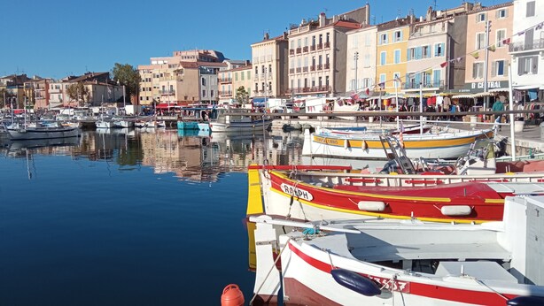 Una marina con barcos amarrados, edificios al fondo y un cielo despejado.