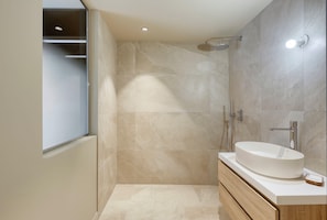 Shower, hair dryer, towels