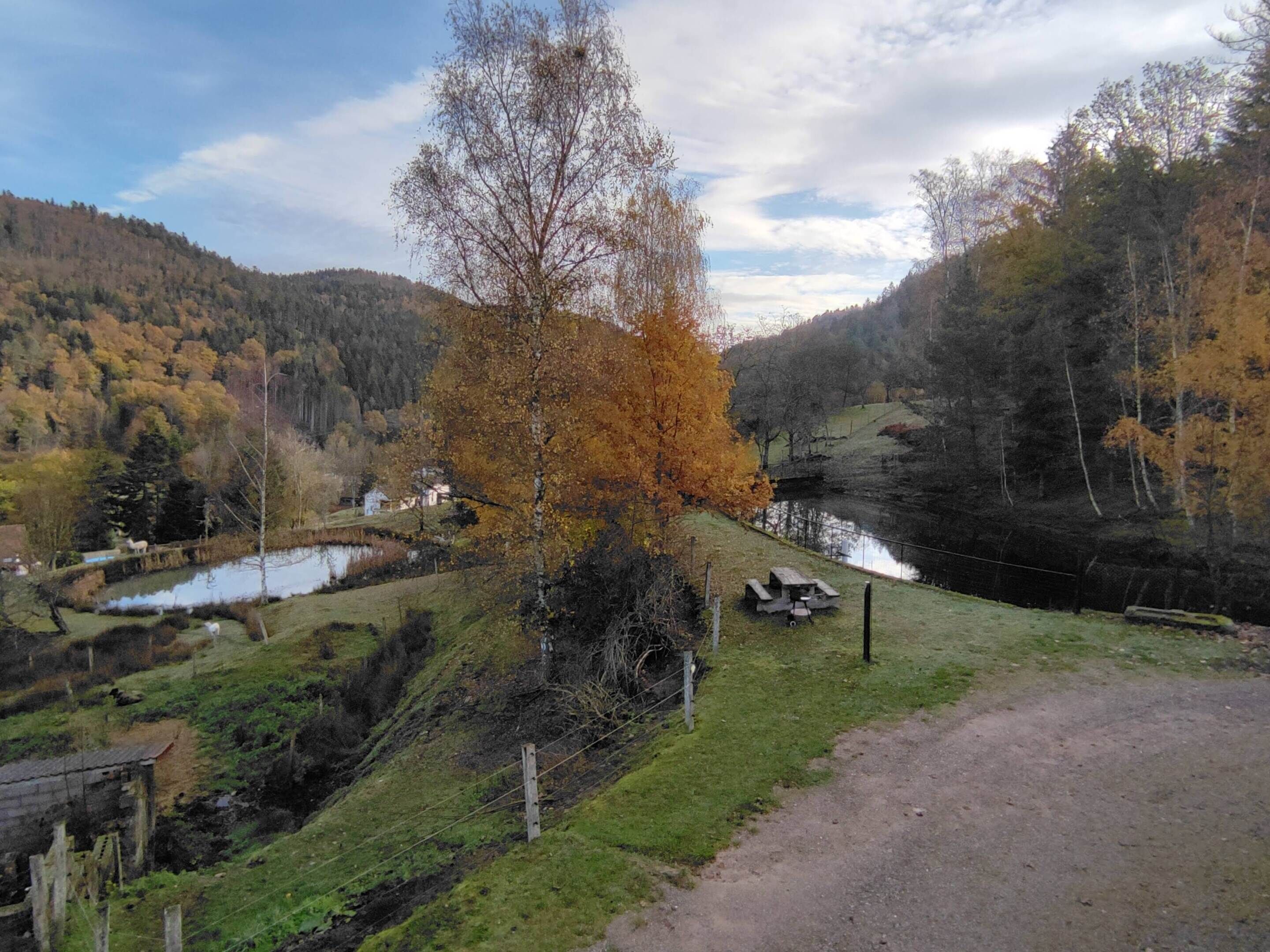 Een landelijk landschap met een rivier, een picknicktafel en een omheind gebied.