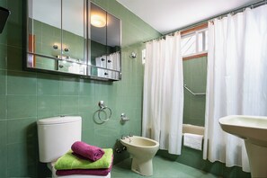 Combined shower/bathtub, hair dryer, bidet, towels