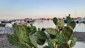 A marina with boats docked and a cactus in the foreground. - Focu e Mari (Mascali)