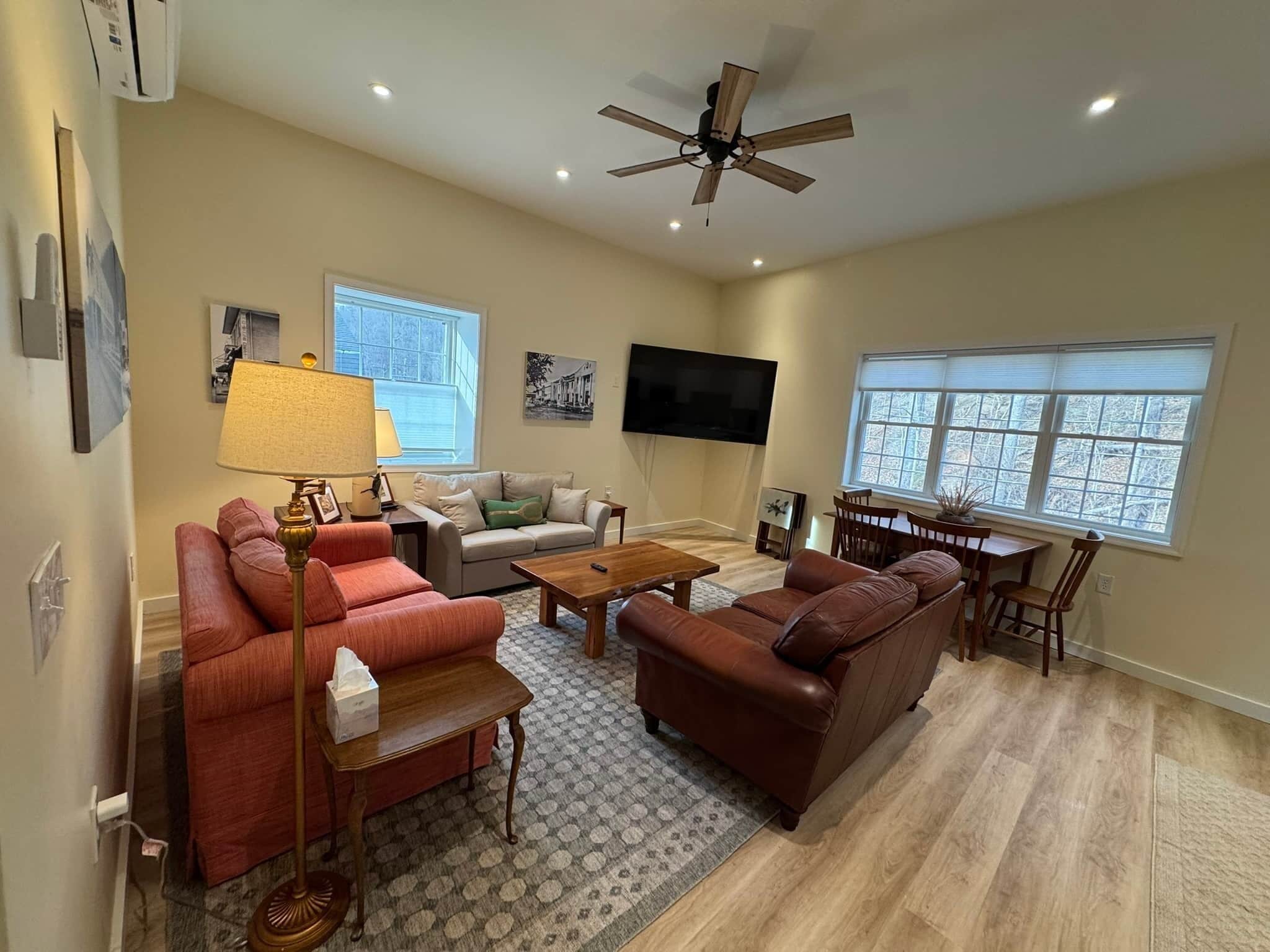 Living Room with 75" Roku TV and Dining Area