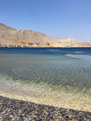 On the beach, sun loungers, beach towels