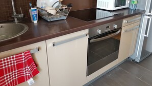 Keittiössä on ruostumattomasta teräksestä valmistettu pesuallas, astiateline, mikroaaltouuni ja jääkaappi.