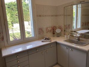 Bathtub, hair dryer, bidet, towels