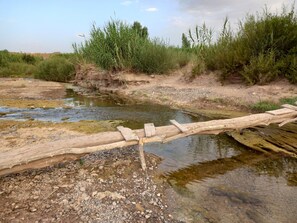 Paisaje natural con un arroyo poco profundo, un puente de madera y vegetación circundante.