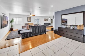 TV, fireplace, books