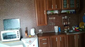 Fridge, oven, toaster, cookware/dishes/utensils