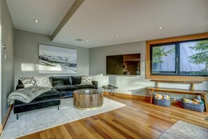 Smart TV, fireplace, books, stereo