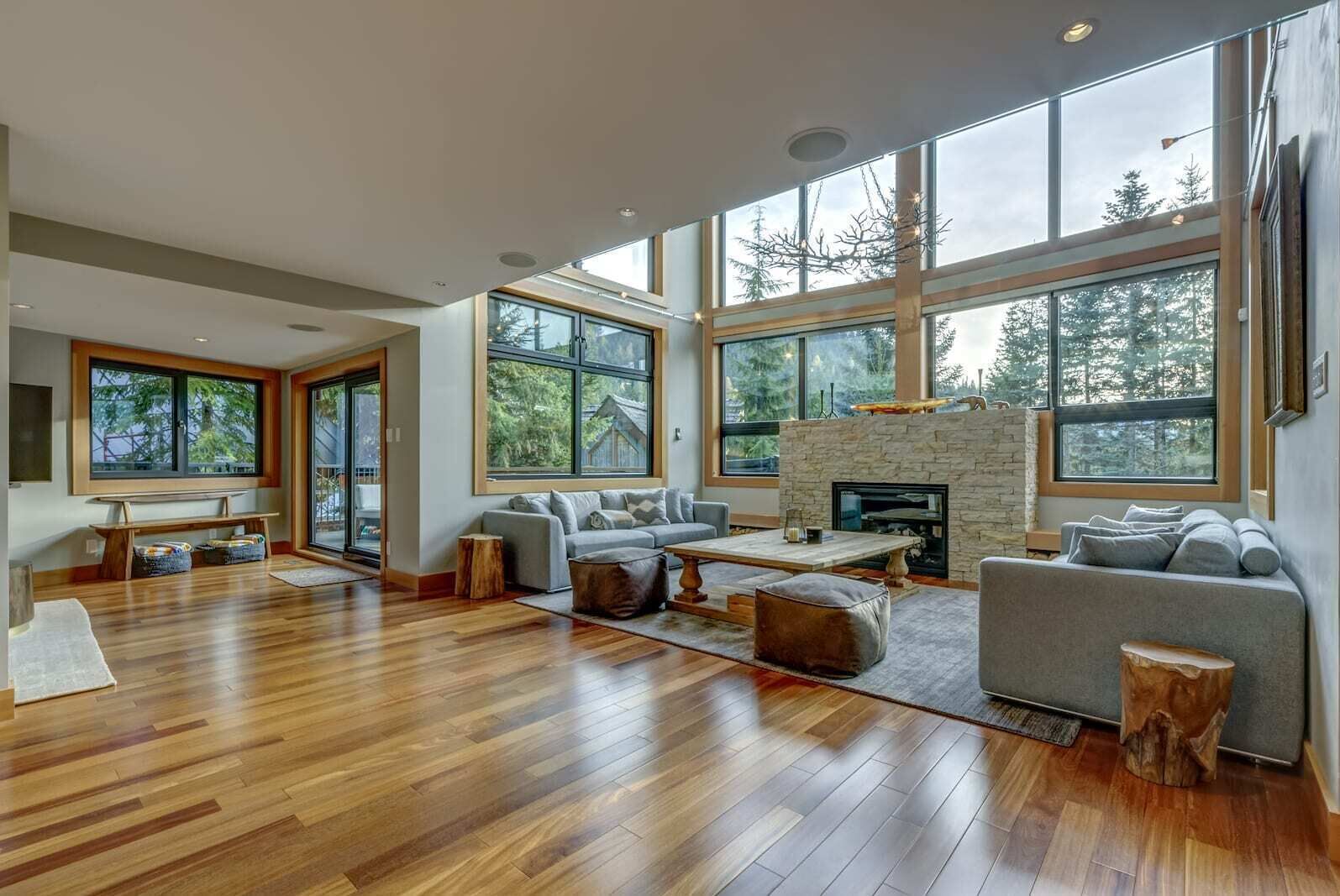 Smart TV, fireplace, books, stereo