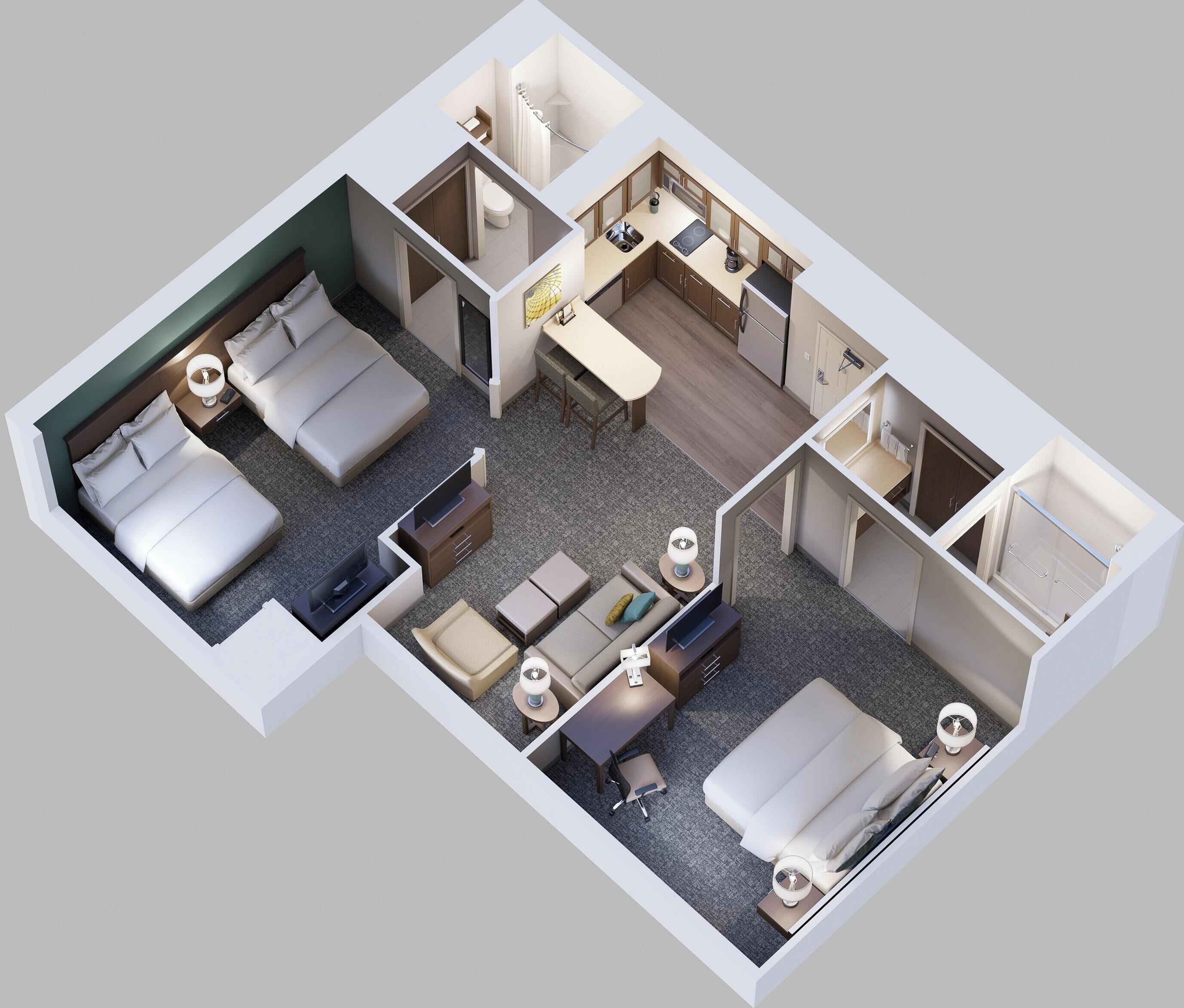 A hotel room layout with two beds, a desk, a sofa, and a bathroom.